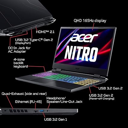 Acer Nitro 5 AN515-46-R0EQ Gaming Laptop | AMD Ryzen 7 6800H Octa-Core CPU | NVIDIA GeForce RTX 3070 Ti Laptop GPU | 15.6" QHD FreeSync 165Hz IPS | 32GB DDR5 | 1TB Gen 4 SSD